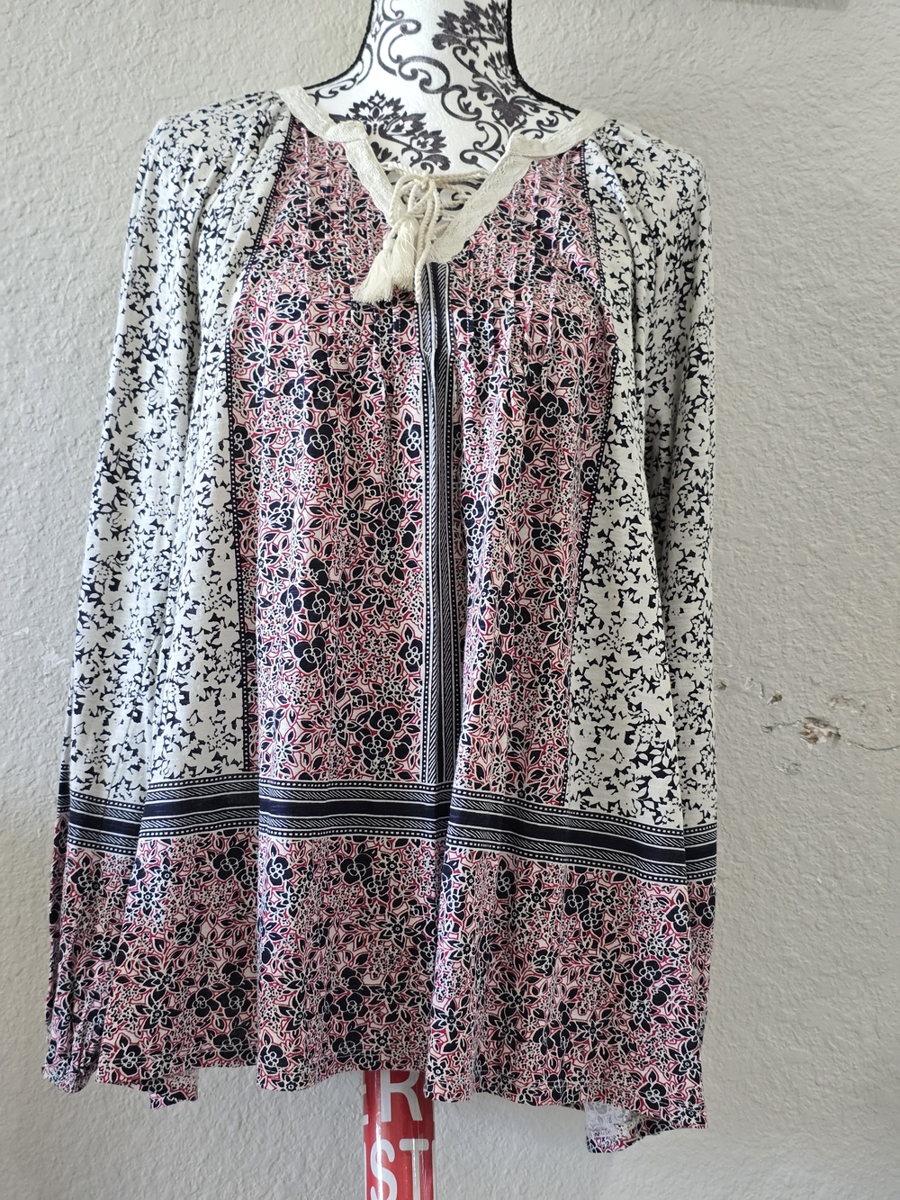 Boho Lace-Up Floral Tunic Top in Pink & Cream